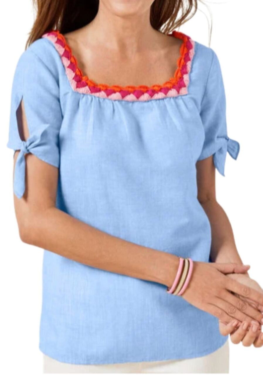 Talbots blue chambray crocheted trim linen top Size Small petite Boho Coastal